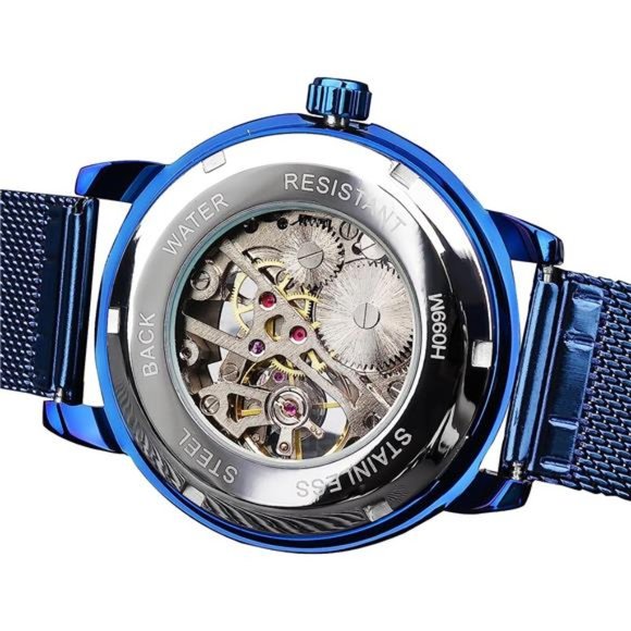 Men's Skeleton Watch Steampunk Watch Mechanical Watch for Men Minimalist, Blue - Picture 6 of 7
